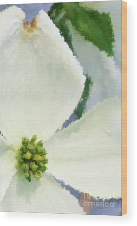 Dogwood; Dogwood Blossom; Blossom; Flower; Impressionist; Macro; Close Up; Petals; Green; White; Blue; Calm; Square; Pastel; Leaves; Tree; Branches Wood Print featuring the digital art Impression Dogwood 4 by Tina Uihlein