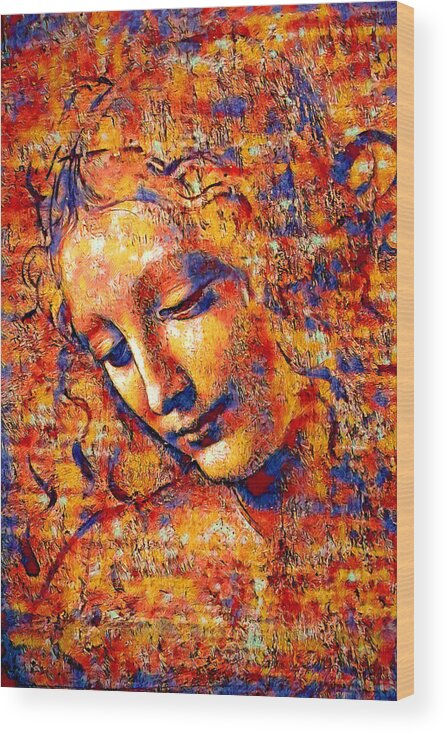 La Scapigliata Wood Print featuring the digital art La Scapigliata, 'The Lady with Dishevelled Hair', by Leonardo da Vinci - colorful dark orange by Nicko Prints