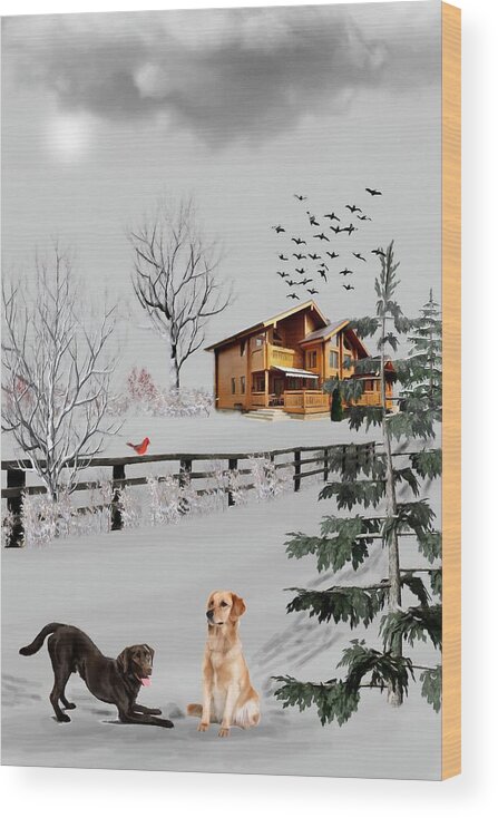 Labs Wood Print featuring the mixed media Labrador Retrievers Winter Snow Color by David Dehner