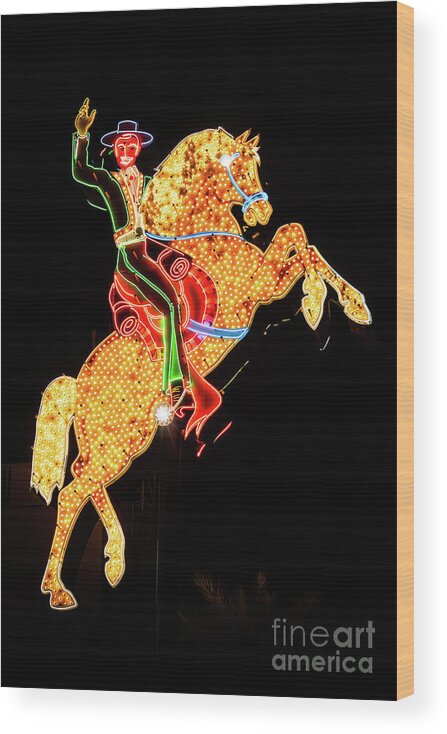 America Wood Print featuring the photograph Las Vegas Hacienda Hotel Horse and Rider Neon Sign Photo by Paul Velgos