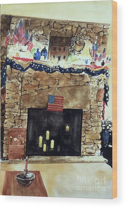 A Natural Stone Fireplace Is Decorated For The 4th Of July. Wood Print featuring the painting Light Up The 4th by Monte Toon