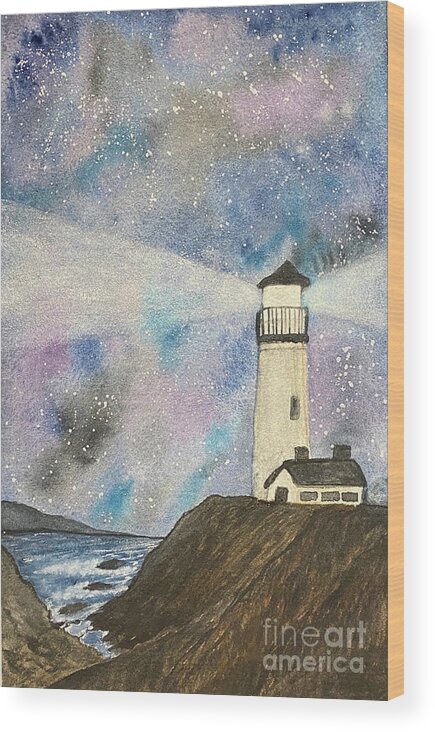 Lighthouse Wood Print featuring the painting Lighthouse at Night by Lisa Neuman