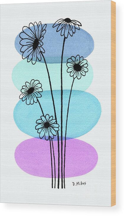 Mid Century Daisies Wood Print featuring the painting Line Drawing Botanical 5 by Donna Mibus
