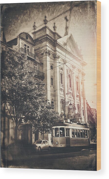 Lisbon Wood Print featuring the photograph Lisbon City Tram 28 Vintage Sepia by Carol Japp