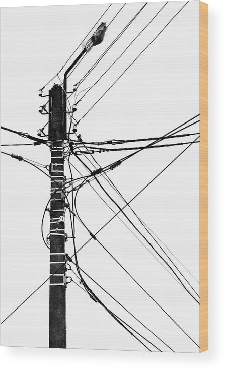 Utility Wood Print featuring the photograph Mass of Electricity Cables and Pole by John Williams
