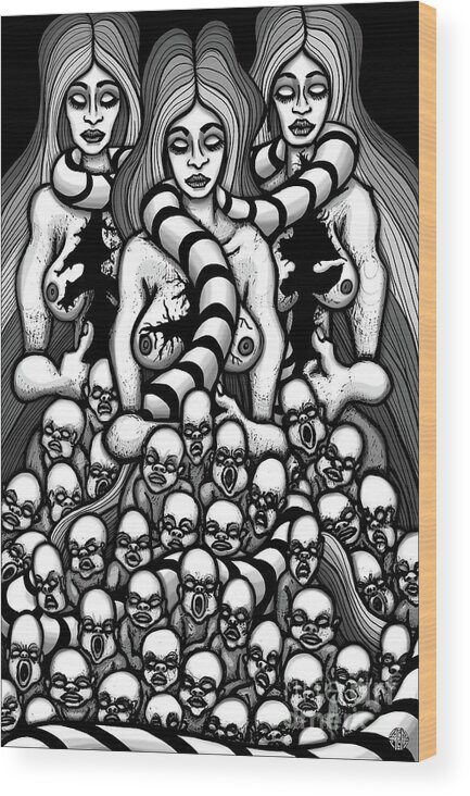 Feminist Wood Print featuring the drawing Maternal Sacrifice by Amy E Fraser