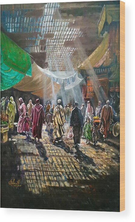  Wood Print featuring the painting Medieval souk, Fes by Raouf Oderuth