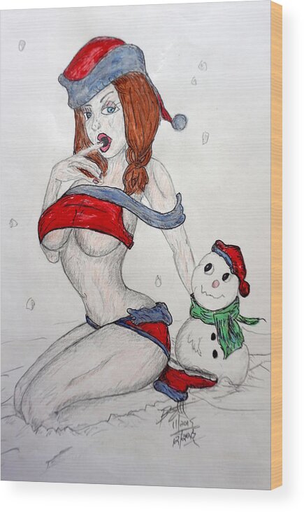 Pinup Wood Print featuring the drawing Merry Christmas by Brent Knippel