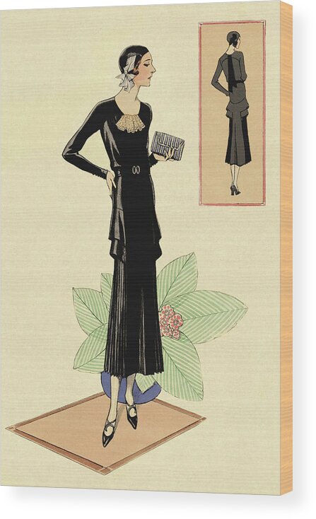 Vintage Wood Print featuring the drawing Modeles Originaur, Layered Black Dress by Vintage Fashion Posters