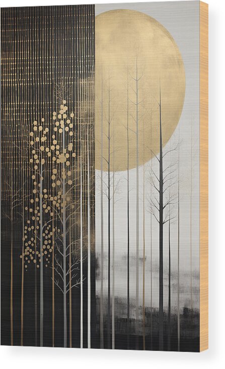 Black And Gold Forest With Abstract Design Wood Print featuring the painting Modern Forest Art by Lourry Legarde
