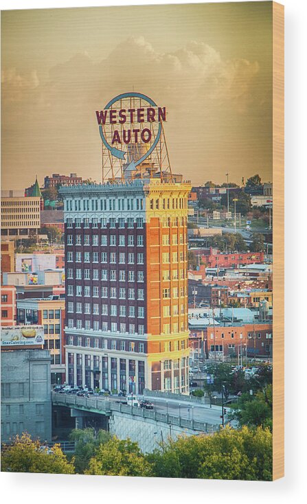 2017 Wood Print featuring the photograph Morning Sun on Western Auto Building by Gerri Bigler
