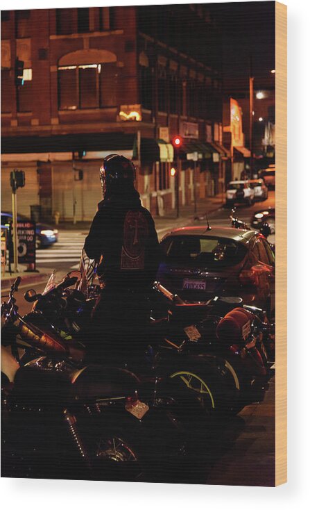 Motorcycle Club At Night Wood Print featuring the photograph Motorcycle Biker at Night in Los Angeles by Mark Stout