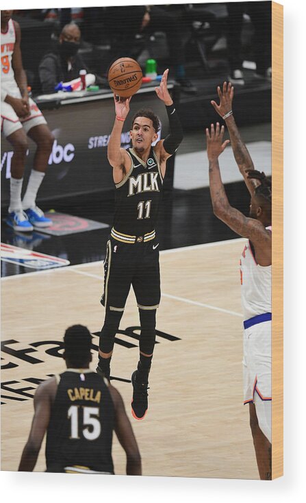 Trae Young Wood Print featuring the photograph New York Knicks v Atlanta Hawks - Game Four by Adam Hagy