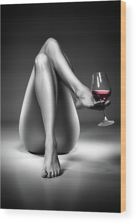 Woman Wood Print featuring the photograph Nude woman red wine 4 by Johan Swanepoel