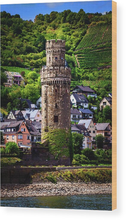 Oberwesel Wood Print featuring the digital art Oberwesel Town Wall Guard Tower, Watercolor on Sandstone by Ron Long Ltd Photography