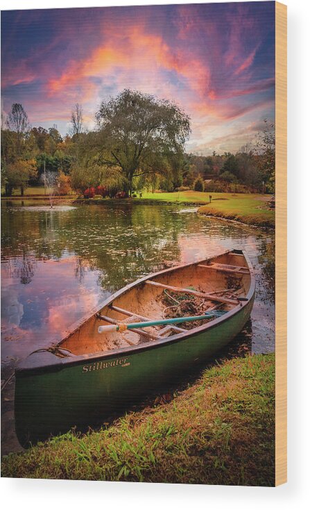 Blairsville Wood Print featuring the photograph Old Green Canoe under Sunset Skies by Debra and Dave Vanderlaan