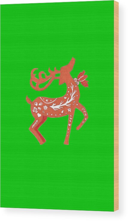 Orange Wood Print featuring the drawing Orange and Red Holiday Reindeer with Pattern by Ali Baucom