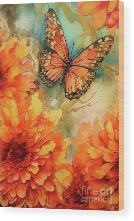 Butterfly Wood Print featuring the painting Orange Butterfly Bliss by Tina LeCour