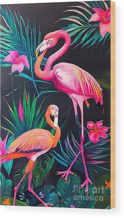 Background Wood Print featuring the painting Painting Flamingo background illustration summer by N Akkash