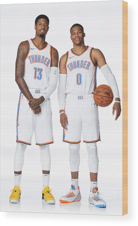 Media Day Wood Print featuring the photograph Paul George and Russell Westbrook by Nba Photos