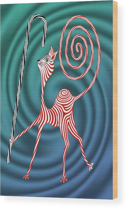 Enlightened Animals Wood Print featuring the digital art Peppermint Kitty Cane by Becky Titus