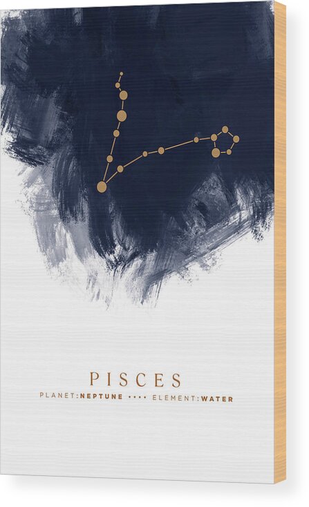 Pisces Wood Print featuring the mixed media Pisces Zodiac Sign - Minimal Print - Zodiac, Constellation, Astrology, Good Luck, Night Sky - Blue by Studio Grafiikka