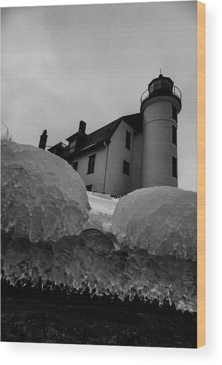 Lighthouse Lake Michigan Wood Print featuring the photograph Point Betsie Lighthouse low view in black and white by Eldon McGraw