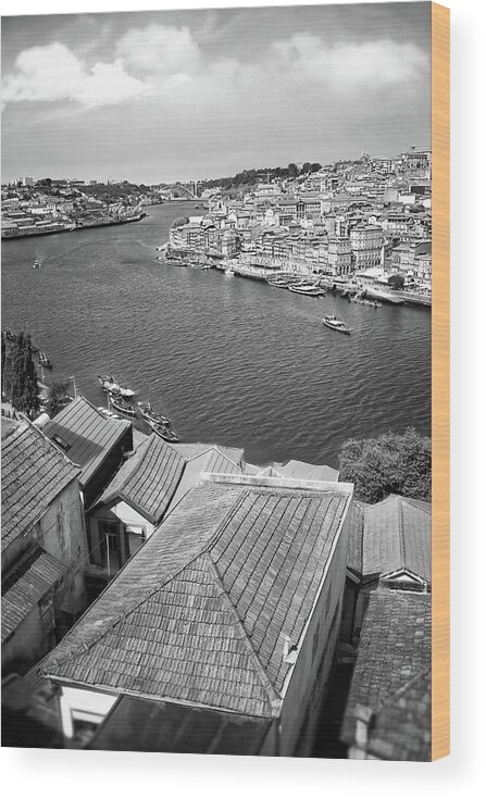 Porto Wood Print featuring the photograph Porto Portugal Banks of The Douro Black and White by Carol Japp