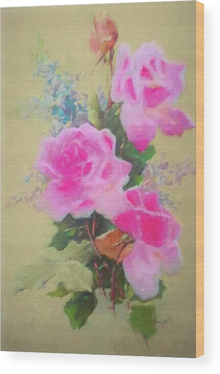 Pretty Pink Roses Wood Print featuring the drawing Pretty Pink Roses by Cathy Anderson