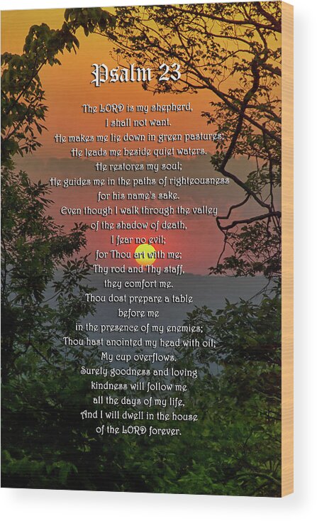 Psalm 23 Wood Print featuring the mixed media Psalm 23 Prayer Over Sunset Landscape by Christina Rollo