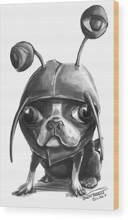 Pug Dog Costume Black And White Cute Illustration Drawing Art Wood Print featuring the painting Pug Lobster by Brett Hardin