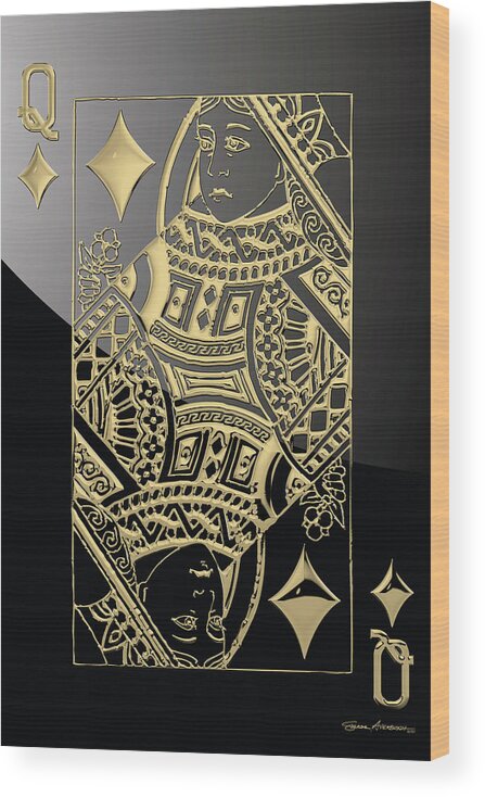 'gamble' Collection By Serge Averbukh Wood Print featuring the digital art Queen of Diamonds in Gold on Black by Serge Averbukh