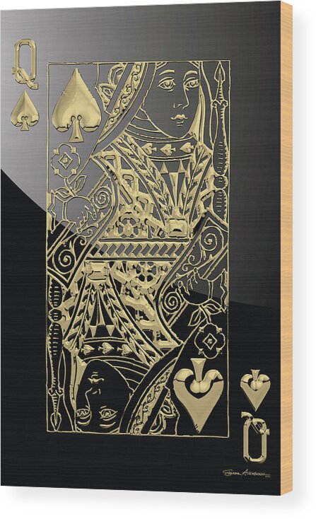 'gamble' Collection By Serge Averbukh Wood Print featuring the digital art Queen of Spades in Gold on Black  by Serge Averbukh