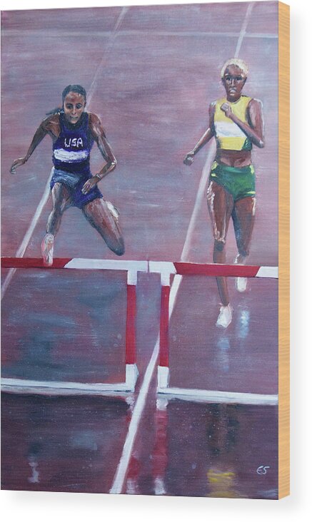 Dalilah Muhammad; Janieve Russell; Tokyo Summer Olympics; 2020; Athletes Wood Print featuring the painting Racing in the Rain by Evelyn Snyder