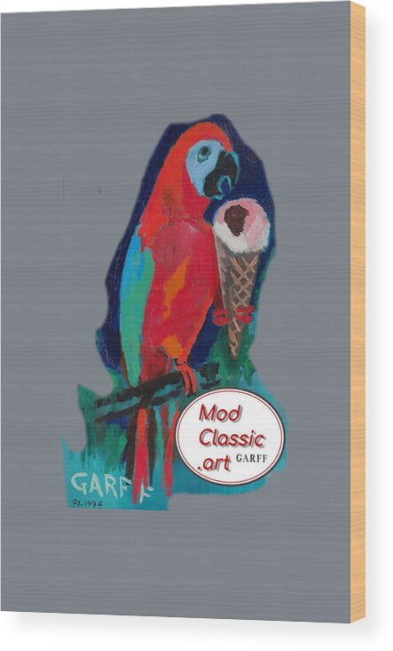 Parrot Wood Print featuring the painting Red Ara with Ice Cream ModClassic Art by Enrico Garff