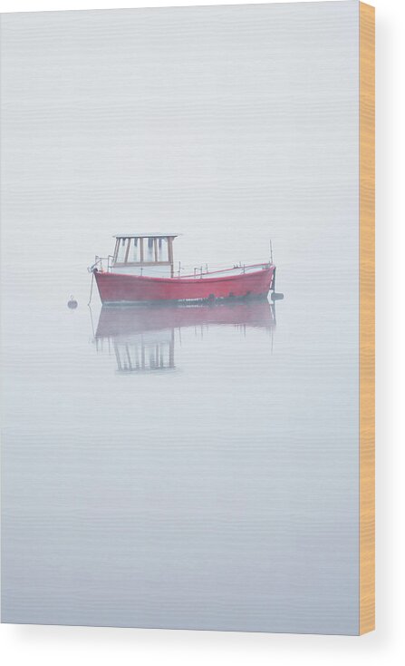 Red Boat Wood Print featuring the photograph Red Boat in the Mist, Coniston Water by Anita Nicholson
