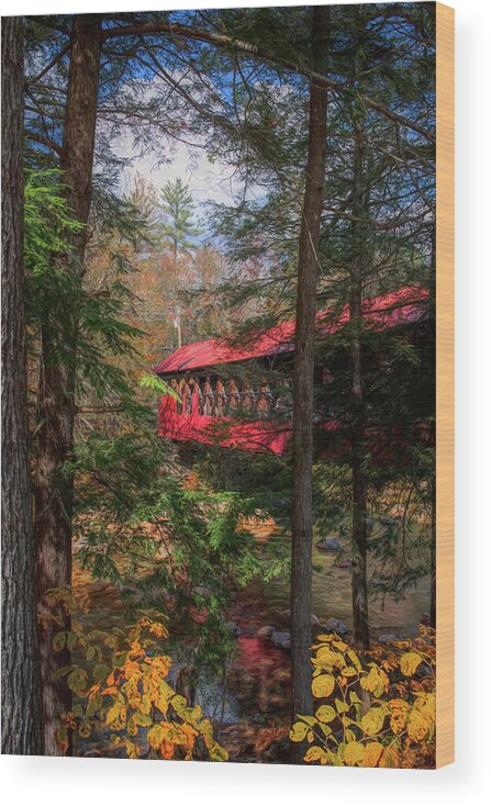 Red Covered Bridge In Autumn New Hampshire Wood Print featuring the painting Red Covered Bridge In Autumn New Hampshire by Dan Sproul
