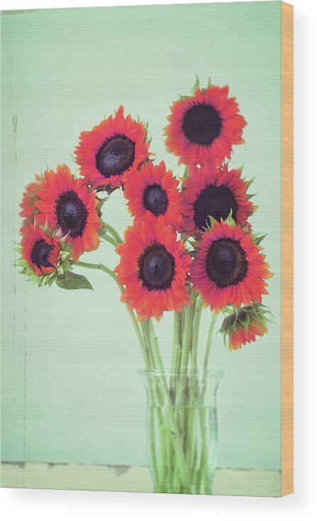 Red Art Wood Print featuring the photograph Red Sunflowers by Amy Tyler