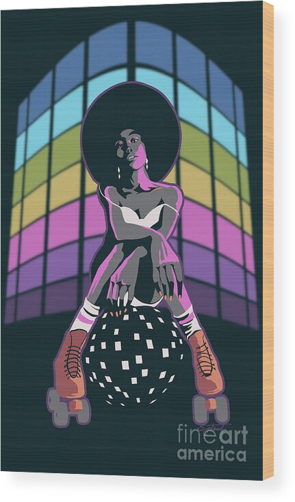 Roller Skate Wood Print featuring the painting Retro Disco Roller Queen by Sassan Filsoof