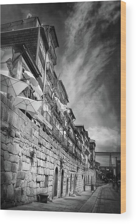 Porto Wood Print featuring the photograph Ribeira District of Porto Portugal Black and White by Carol Japp