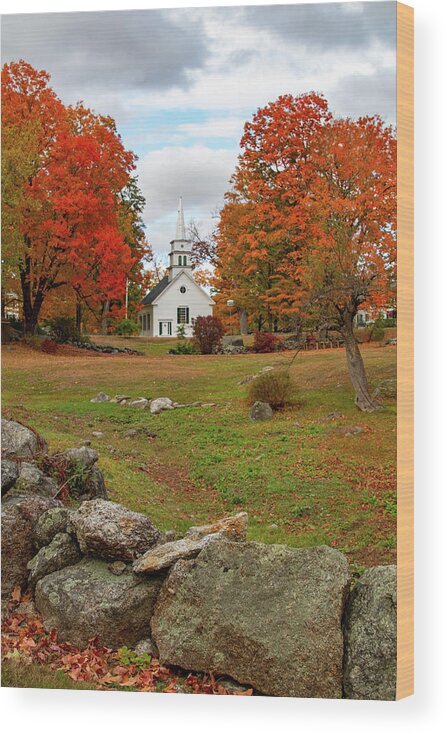 Hillsboro Church In Fall Colors Wood Print featuring the photograph Rock wall before the Hillsboro Church by Jeff Folger