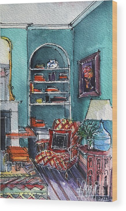 Room Portrait Wood Print featuring the painting ROOM PORTRAIT 70 watercolor painting Mona Edulesco by Mona Edulesco
