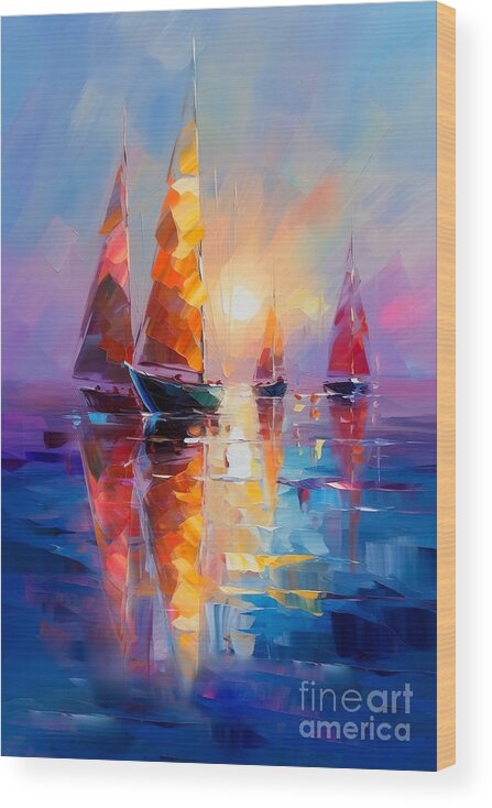 Sailboats Wood Print featuring the painting Sailboats In A Calm Sunset by Mark Ashkenazi