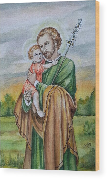 Saint Joseph Wood Print featuring the painting Saint Joseph and Child by Carolina Prieto Moreno