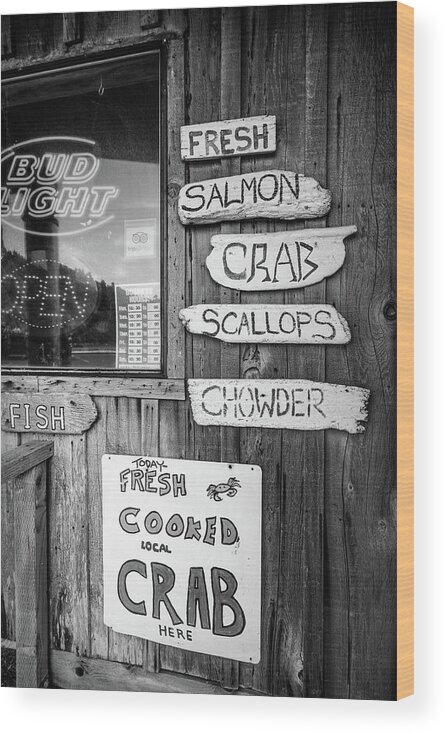 Black Wood Print featuring the photograph Seafood Signs at the Dock Black and White by Debra and Dave Vanderlaan