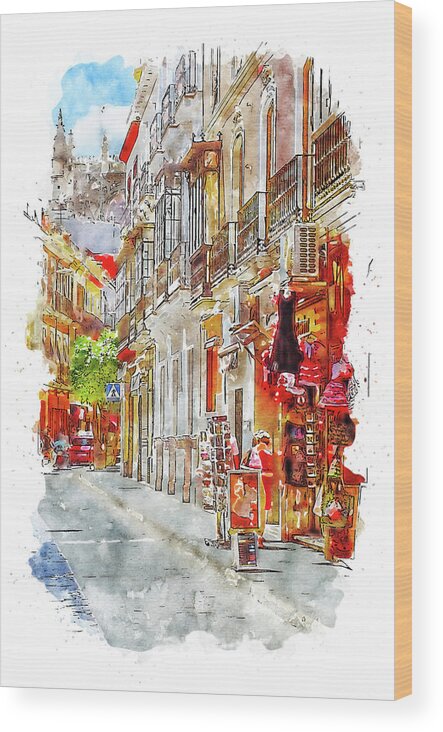 Sevilla Wood Print featuring the painting Seville, the colorful streets of Spain - 21 by AM FineArtPrints