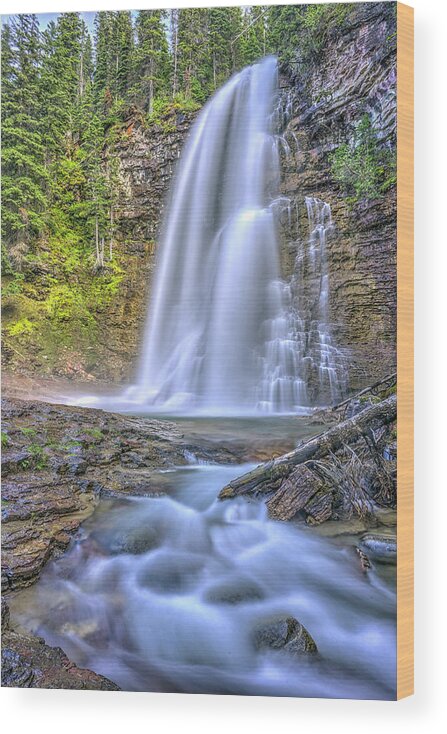 The Powerful And Towering Cascading Virginia Falls At Glacier Na Wood Print featuring the photograph Simplest things can turn out to be amazing by Carolyn Hall