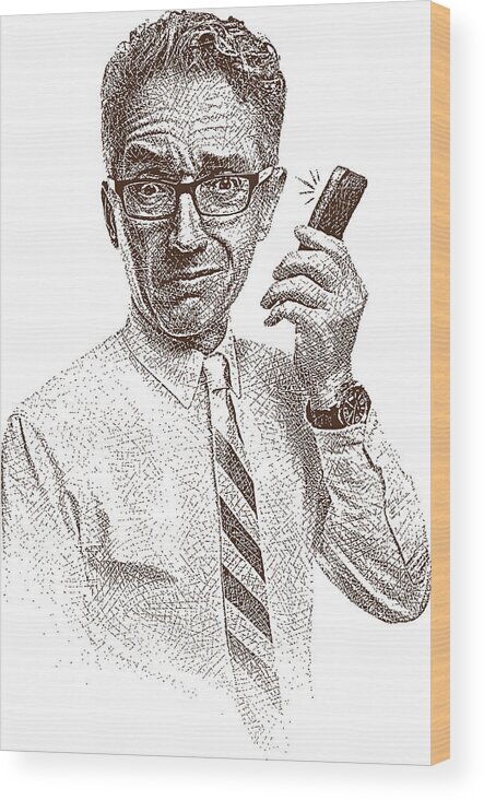 Etching Wood Print featuring the drawing Smart Phone Disbelief by GeorgePeters