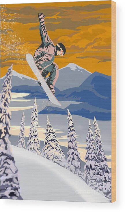 Snowboard Wood Print featuring the painting Snowboarder Air by Sassan Filsoof