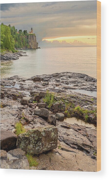 Split Rock Lighthouse Wood Print featuring the photograph Split Rock Lighthouse Cloudy Summer Morning by Sebastian Musial